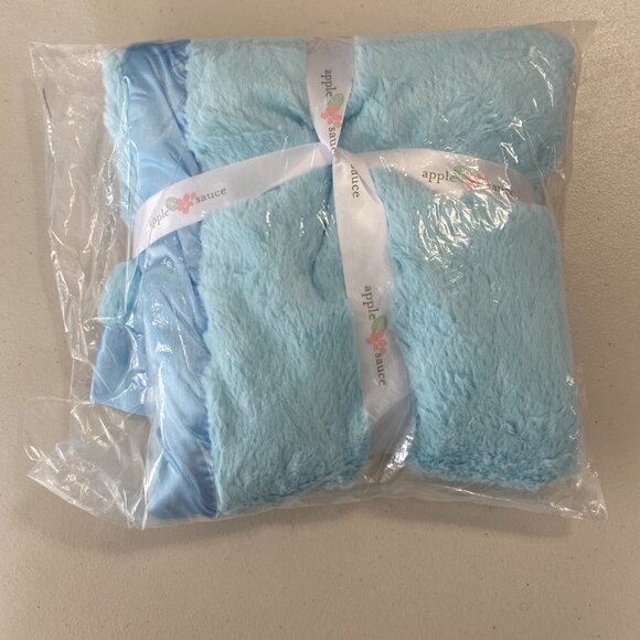Blue Satin Trimmed Baby Blanket Blue 30" x 40"  By Apple sauce - Picture 4 of 4